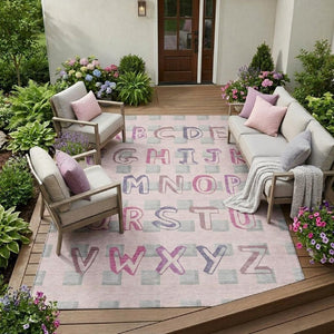 9 X 12 Pink Linen Geometric Polyester Area Rug Washable Stain Resistant Indoor Outdoor
