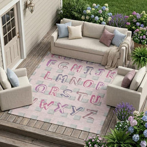 10 X 14 Pink Linen Geometric Polyester Washable Rug for Indoor Outdoor Spaces