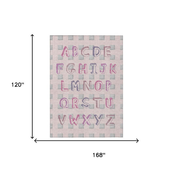 10 X 14 Pink Linen Geometric Polyester Washable Rug for Indoor Outdoor Spaces