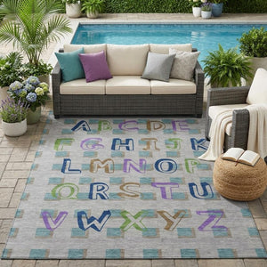 5x8 Pewter Gray Geometric Polyester Area Rug Stain Resistant for Indoor Outdoor Use