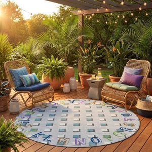 8 Ft Round Geometric Polyester Area Rug Washable Stain Resistant Indoor Outdoor Silver
