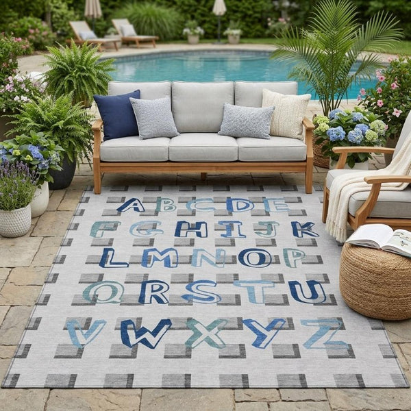 5x8 Geometric Polyester Area Rug Washable Stain Resistant Indoor Outdoor Gray Blue