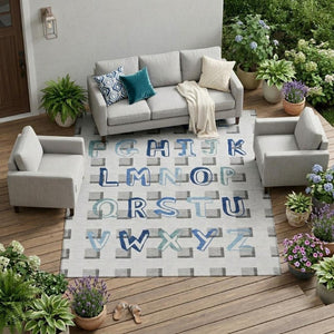8 X 10 Gray Blue Geometric Polyester Area Rug Washable for Indoor Outdoor Use