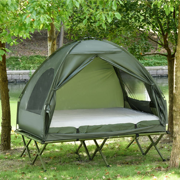 English Elm Outsunny 4-in-1 Elevated Two Person Camping Cot Tent with Air Mattress Outdoor W2225P217035