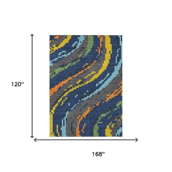 10 X 14 Abstract Navy Polyester Area Rug Washable for Indoor Outdoor Spaces