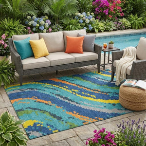 5 X 8 Teal Turquoise Abstract Polyester Area Rug Washable for Patio or Living Room