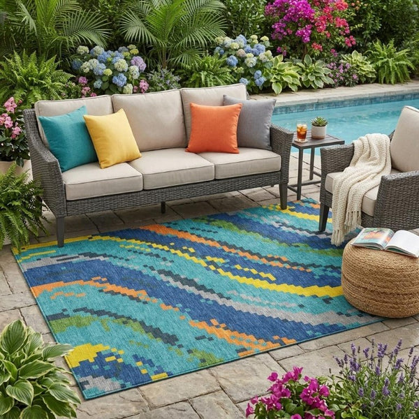 5 X 8 Teal Turquoise Abstract Polyester Area Rug Washable for Patio or Living Room