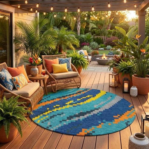 8 Ft Round Teal Turquoise Abstract Polyester Rug Washable for Indoor Outdoor Use