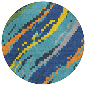 HomeRoots 8 Ft Round Teal Turquoise Abstract Polyester Rug Washable for Indoor Outdoor Use 743155