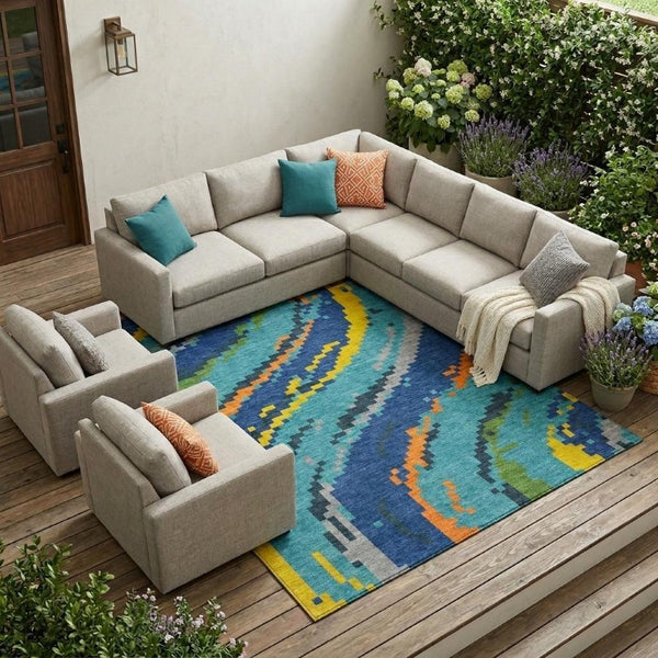 8 X 10 Teal Turquoise Abstract Polyester Washable Rug for Patios and Living Rooms