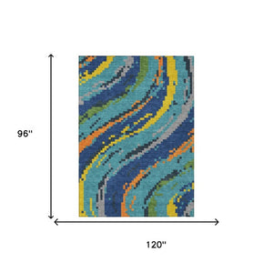 8 X 10 Teal Turquoise Abstract Polyester Washable Rug for Patios and Living Rooms
