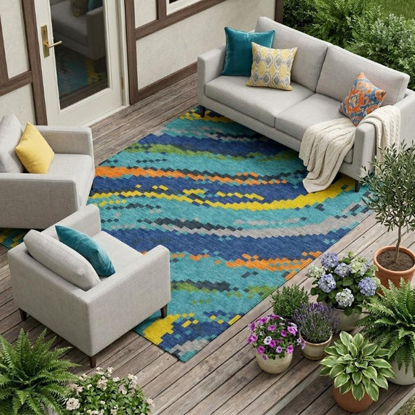 9x12 Teal Turquoise Abstract Polyester Area Rug Stain Resistant Indoor Outdoor