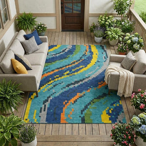 10 X 14 Teal Turquoise Abstract Polyester Area Rug Washable for Patio or Living Room