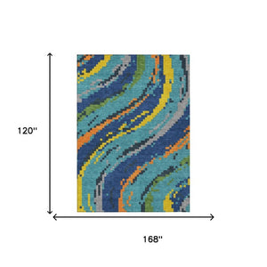 10 X 14 Teal Turquoise Abstract Polyester Area Rug Washable for Patio or Living Room