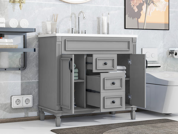 English Elm 36'' Modern Bathroom Vanity With Black Ceramic Top, Soft-Close Doors & Drawers For Stylish Storage N710P230231E