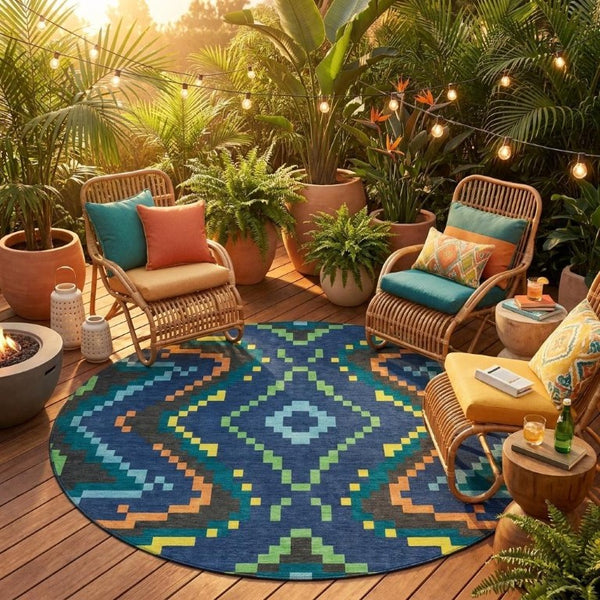 8 Ft Round Abstract Polyester Area Rug Washable Navy Geometric Indoor Outdoor