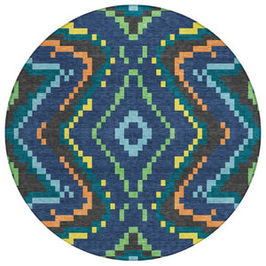 HomeRoots 8 Ft Round Abstract Polyester Area Rug Washable Navy Geometric Indoor Outdoor 743173