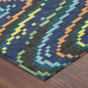 8 Ft Round Abstract Polyester Area Rug Washable Navy Geometric Indoor Outdoor