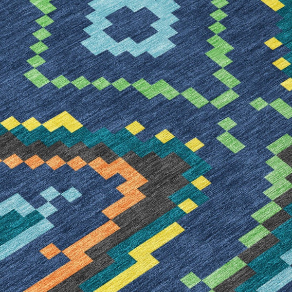 8 Ft Round Abstract Polyester Area Rug Washable Navy Geometric Indoor Outdoor