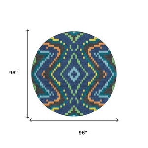8 Ft Round Abstract Polyester Area Rug Washable Navy Geometric Indoor Outdoor
