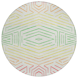 HomeRoots 8 Foot Round Geometric Polyester Area Rug Washable Indoor Outdoor Ivory Purple 743197