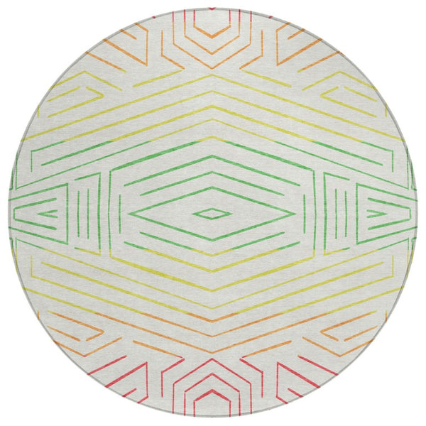 HomeRoots 8 Foot Round Geometric Polyester Area Rug Washable Indoor Outdoor Ivory Purple 743197