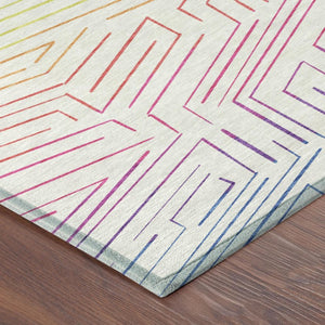 8 Foot Round Geometric Polyester Area Rug Washable Indoor Outdoor Ivory Purple