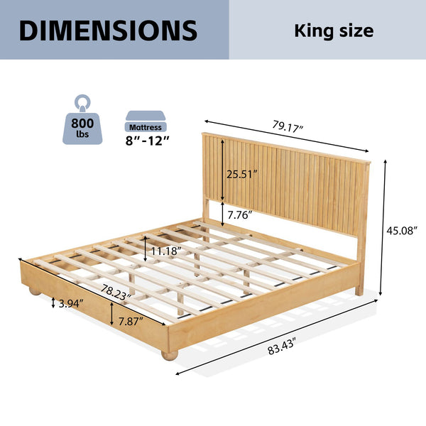English Elm Christopher Knight Home® - Natural King Size Wood Bed Frame with Slatted Headboard, Rattan Breathable Panels & Ball Feet, Sturdy Metal Base N758K638081N