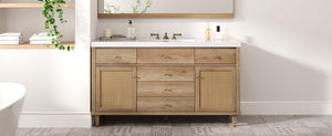 English Elm 60" Boutique Bathroom Vanity Rattan Doors Soft Close Drawers Smc Sink Pine Legs Natural Wood N817P397678N