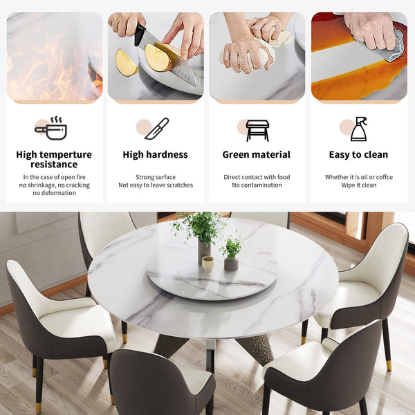 English Elm 59.05" Round Marble Dining Table With Silver Base, Durable Artificial Stone, Seats 6-8, Turntable Included W1535S00396