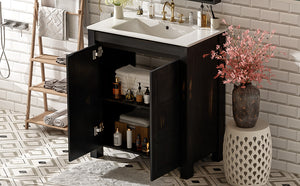 English Elm 30" Rustic Bathroom Vanity Espresso with Ceramic Sink, Soft-Close Doors, Adjustable Shelves, Open-Back Plumbing-Friendly Storage N729P290712P
