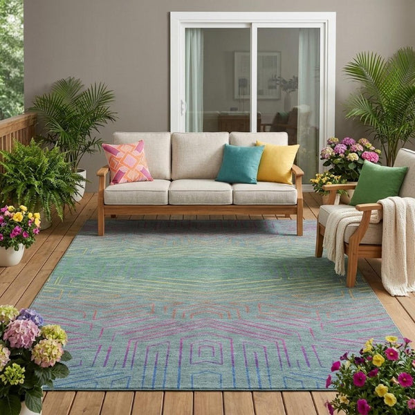 5 X 8 Teal Purple Geometric Polyester Area Rug Washable for Indoor Outdoor Use