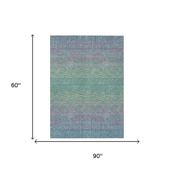 5 X 8 Teal Purple Geometric Polyester Area Rug Washable for Indoor Outdoor Use