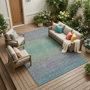 10 X 14 Teal Purple Geometric Polyester Area Rug Washable for Patio and Living Room