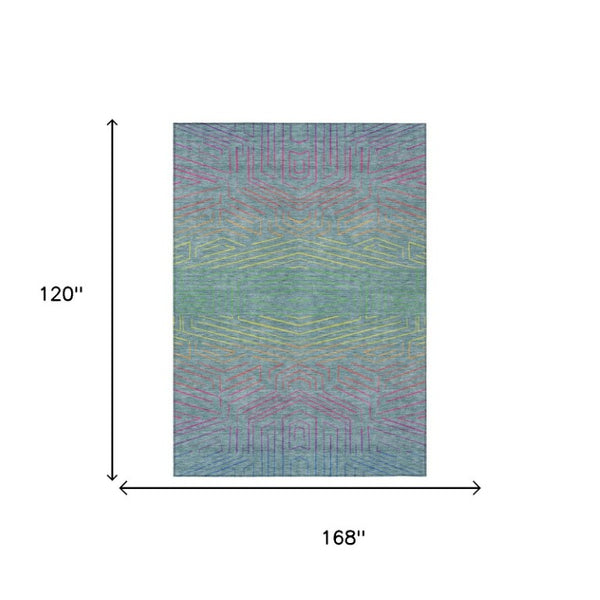 10 X 14 Teal Purple Geometric Polyester Area Rug Washable for Patio and Living Room