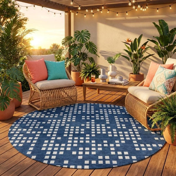 8 Foot Round Abstract Polyester Area Rug Washable Navy Geometric Indoor Outdoor