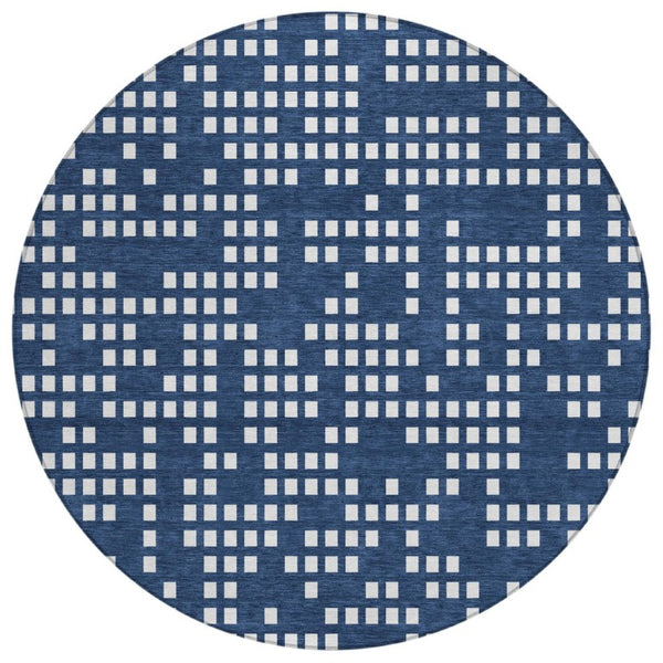 HomeRoots 8 Foot Round Abstract Polyester Area Rug Washable Navy Geometric Indoor Outdoor 743221