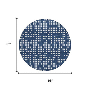 8 Foot Round Abstract Polyester Area Rug Washable Navy Geometric Indoor Outdoor