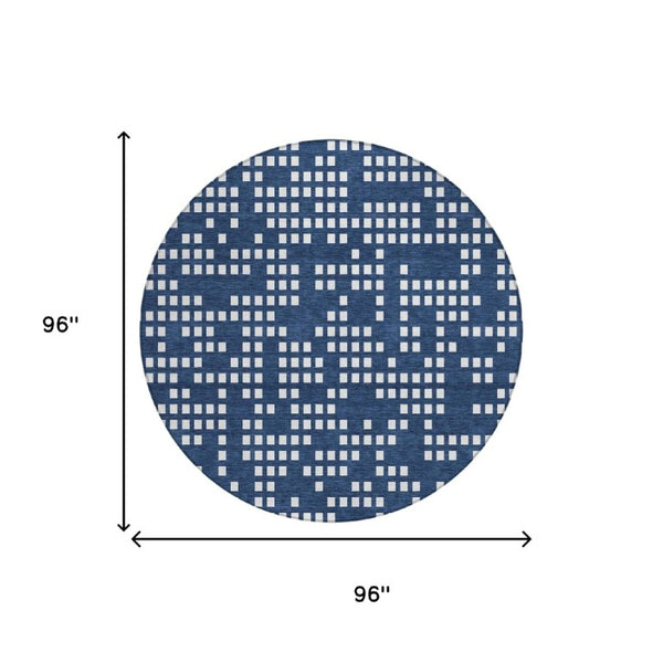 8 Foot Round Abstract Polyester Area Rug Washable Navy Geometric Indoor Outdoor