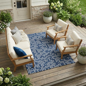 8 Ft X 10 Ft Abstract Polyester Area Rug Washable Indoor Outdoor Navy Pattern