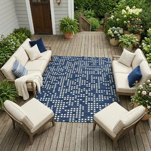 9 X 12 Abstract Navy Washable Polyester Rug for Indoor Outdoor Patio and Living Room