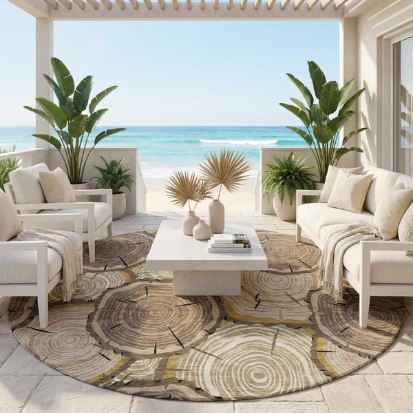 8 Ft Round Faux Bois Polyester Area Rug Stain Resistant for Indoor Outdoor Use