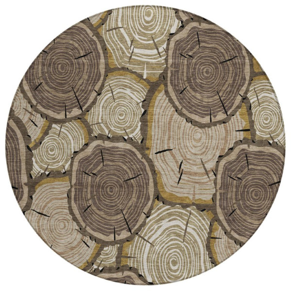 HomeRoots 8 Ft Round Faux Bois Polyester Area Rug Stain Resistant for Indoor Outdoor Use 743233