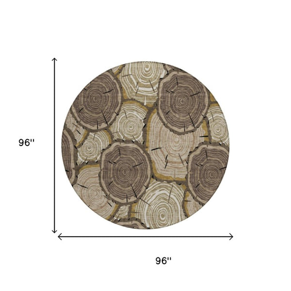 8 Ft Round Faux Bois Polyester Area Rug Stain Resistant for Indoor Outdoor Use