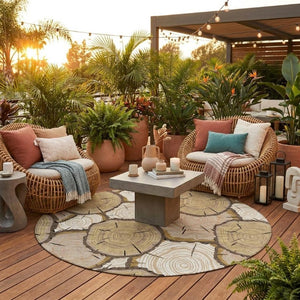 8 Foot Round Faux Bois Polyester Area Rug Washable Stain Resistant Indoor Outdoor