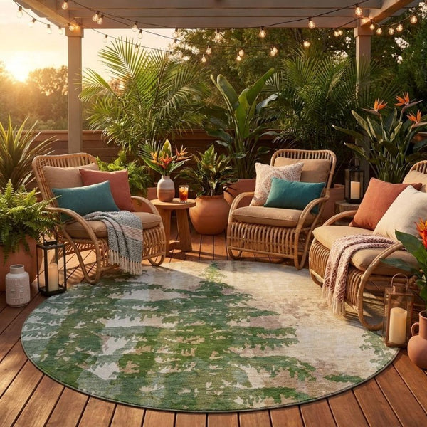 8 Foot Round Floral Polyester Rug Stain Resistant Washable for Indoor Outdoor Use