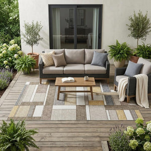 5x8 Geometric Polyester Area Rug Washable Stain Resistant Indoor Outdoor Beige Brown