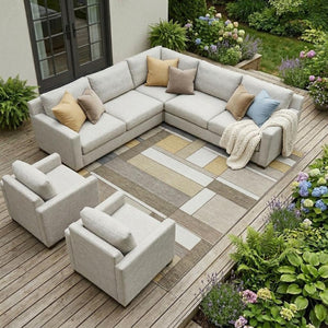 8 X 10 Beige Brown Geometric Polyester Rug for Patio Porch or Living Room Use