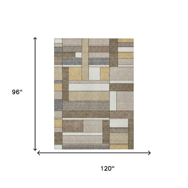 8 X 10 Beige Brown Geometric Polyester Rug for Patio Porch or Living Room Use