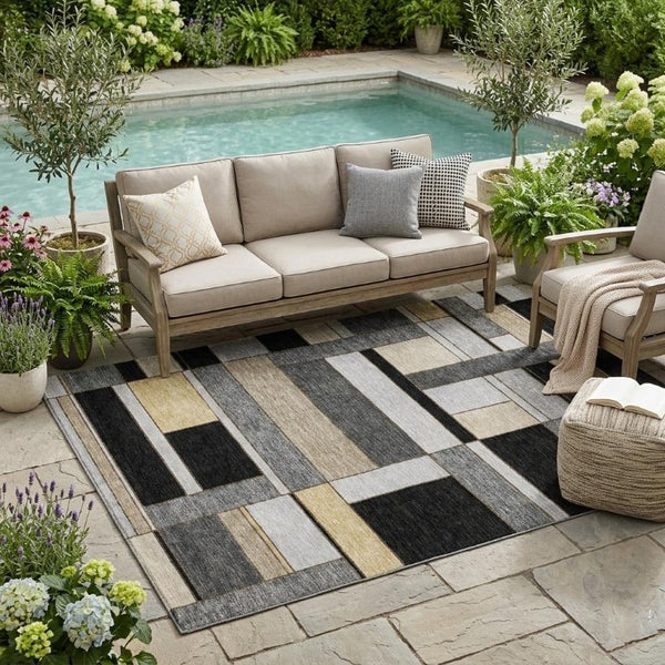 5x8 Geometric Polyester Area Rug Washable Stain Resistant Indoor Outdoor Graphite